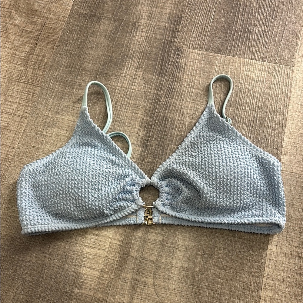 blue textured O ring bikini top